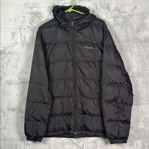 Eddie Bauer Men’s Black Wide Channel Hooded Down Puffer Full Zip Jacket Size XXL